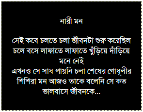 Text Box: প্রেম আজও
রাত্রির বুকে মুখ রেখে 
বাঁধ ভাঙা লোনাজলে ভাসা হয়নি
বৈশাখী দুপুরে মিতুনের সাথে আম কুড়োতে গিয়ে 
ওকে হঠাত আদর করা হয়নি
অবাক চোখে দেখেছি স্বাভিমানী প্রিয়া চলে গেছে 
আমাকে উলংগ ব-দ্বীপে একলা রেখে...
