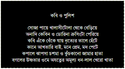 Text Box:  
নব মাওবাদী আতঙ্কের পাঁচালী
কালো পাথরে খোদাই করা মানুষগুলো লোধাশুলি'র জঙ্গলে বেশ ছিল
সেদিনের ভূঁইফোড় জোড়া ফুলের সুবাস তো কোনদিন ছিলনা
হাতের কাজ কাড়তে কাড়তে অবশ হাত নিয়েও বিবাদ ছিলনা
কেন কেন আপাত অনন্ত এই হিংসা লীলা পশ্চিমবংগ জুড়ে
কেন নিরীহ প্রাণ নিয়ে এ খেলা, কেনরে রোজ এত মানুষ মরে...
 
