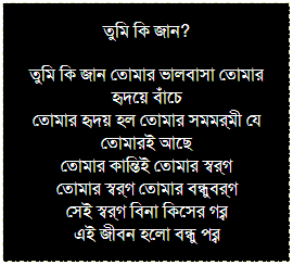 Text Box: আন্তর্জালে বাক্যালাপ
নবমিতাঃ
জানি জানি কবি কবিতায় চিত্ত মোর স্নানিলে আজ
মন থাক এই স্নিগ্ধতা নিয়ে নেই আর কোনও কাজ
কবিঃ 
তবে তাই হোক হে সুন্দর হে মোর নব মিতা 
আজ হতে তুমি হলে এ কবির অনন্য সুমিতা...
 
